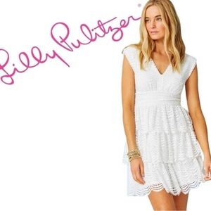 Lilly Pulitzer NWT Faye Lace Ruffle V-Neck Mini Dress, White, Size Medium